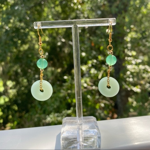 Earrings Gold Drop Mint + Jade Green Beads NWT - Picture 2 of 5